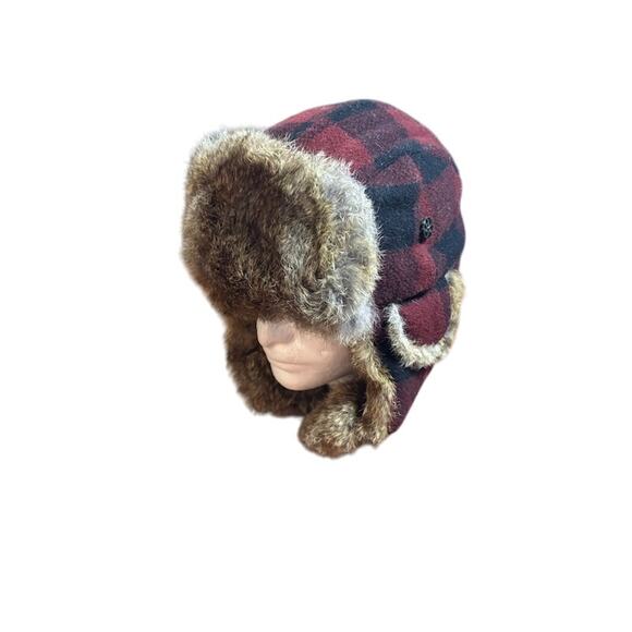Mad Bomber trapper hat red black buffalo plaid rabbit fur lined cap sz med wool - Picture 4 of 5